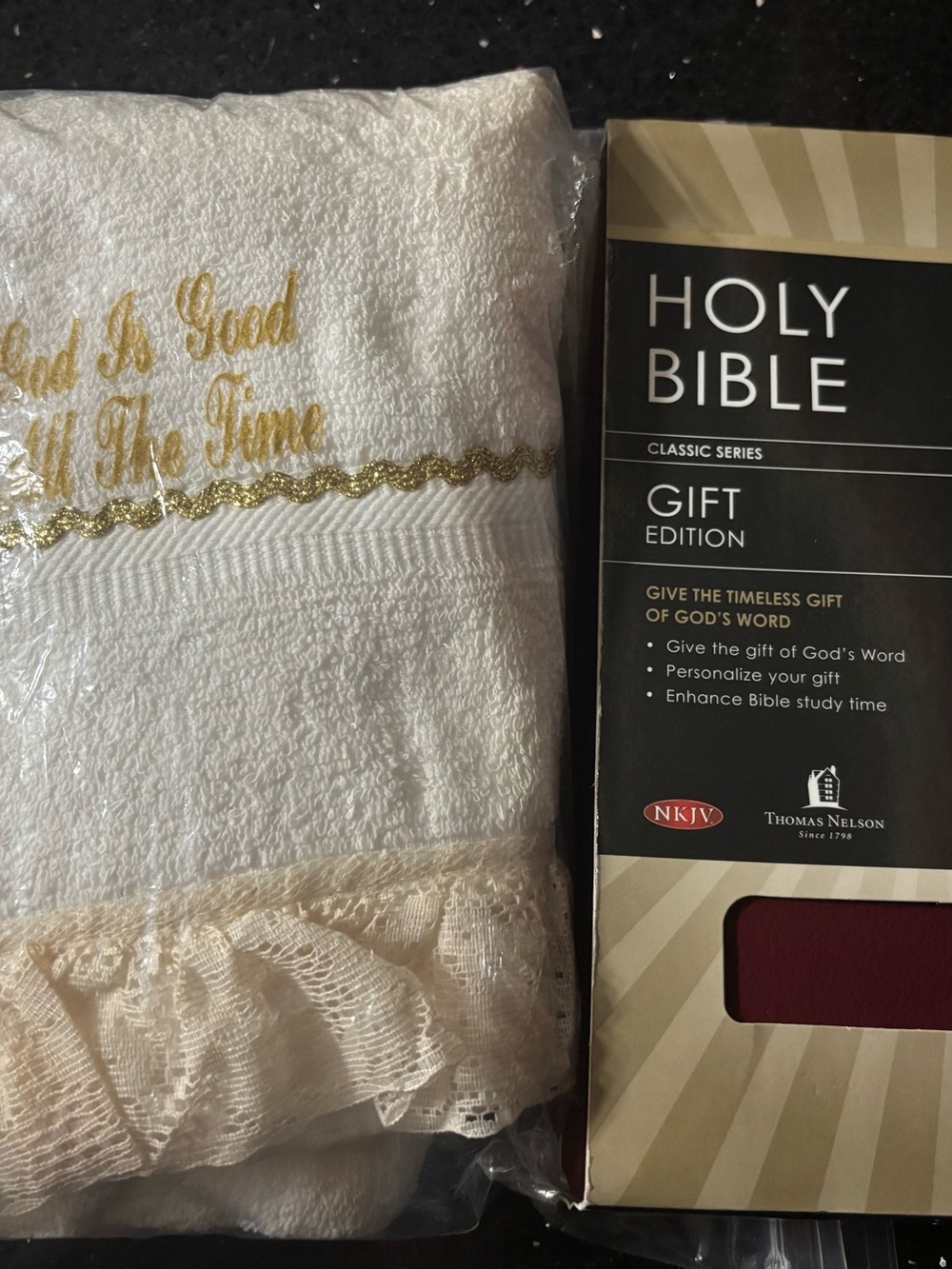 Holy Bible Gift Edition with White & Gold Embroidered Towel